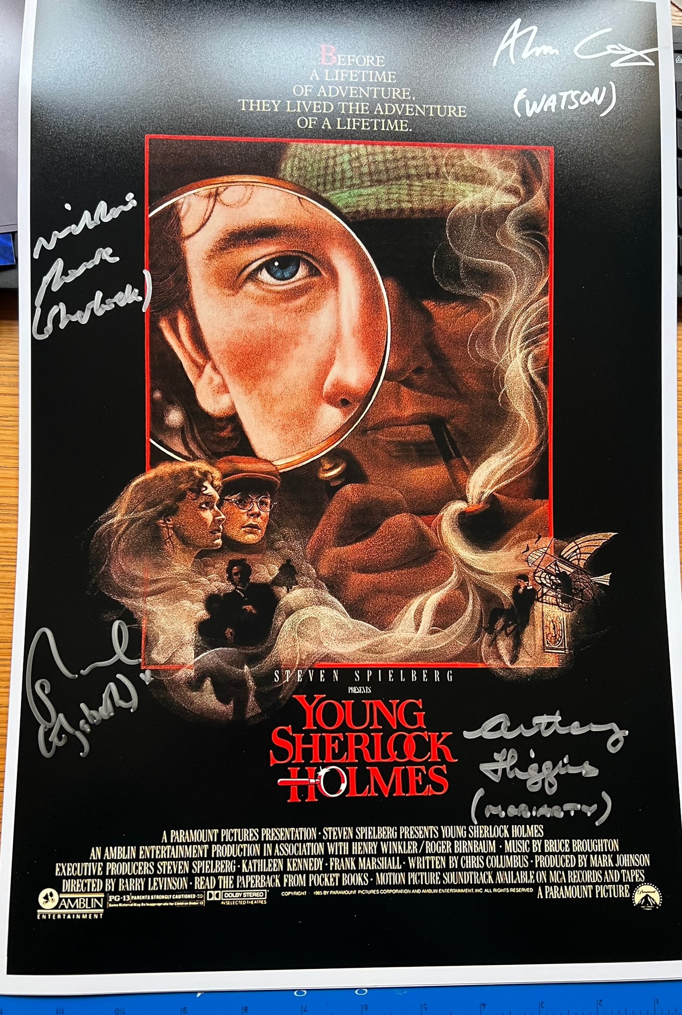 NICHOLAS ROWE, ALAN COX, ANTHONY HIGGINS & SOPHIE WARD in Young Sherlock Holmes -hand signed by four people