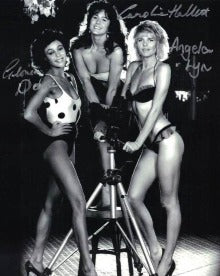 ANGELA LYN, GLORIA DOUSE & CAROLINE HALLETT- A View To A Kill Girls triple hand signed 10 x 8 Photo